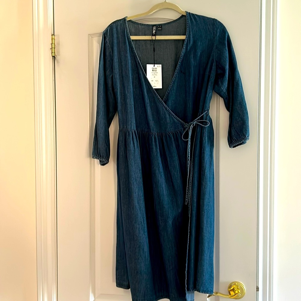 PIECES wrap denim midi dress in XS NWT